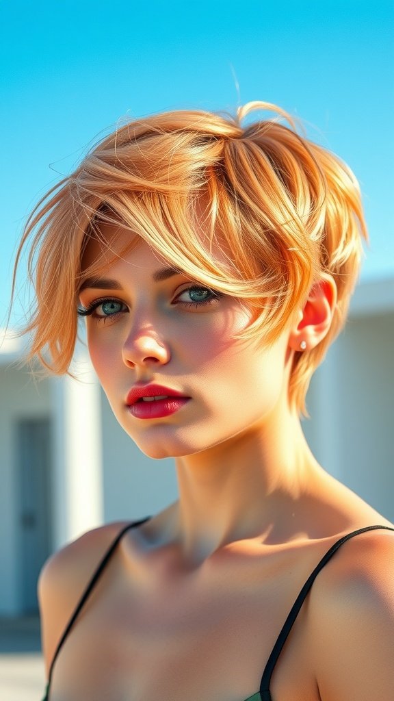 A young woman with a textured strawberry blonde pixie haircut, showcasing a vibrant and stylish look.