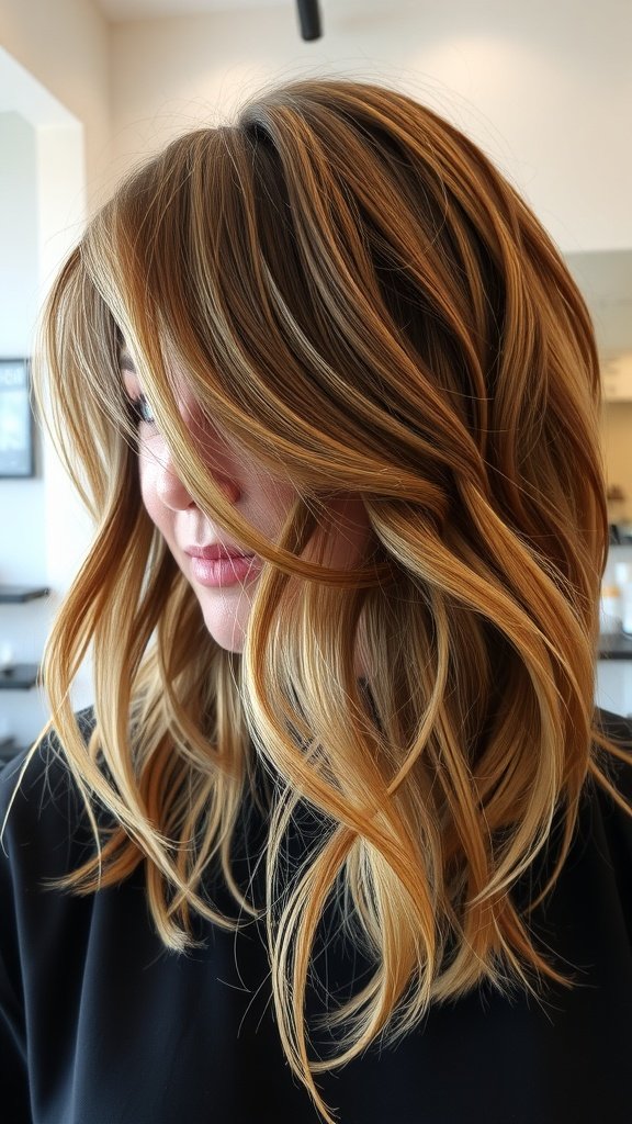 A woman with an uneven layered haircut and wispy bangs, showcasing a stylish and textured look.