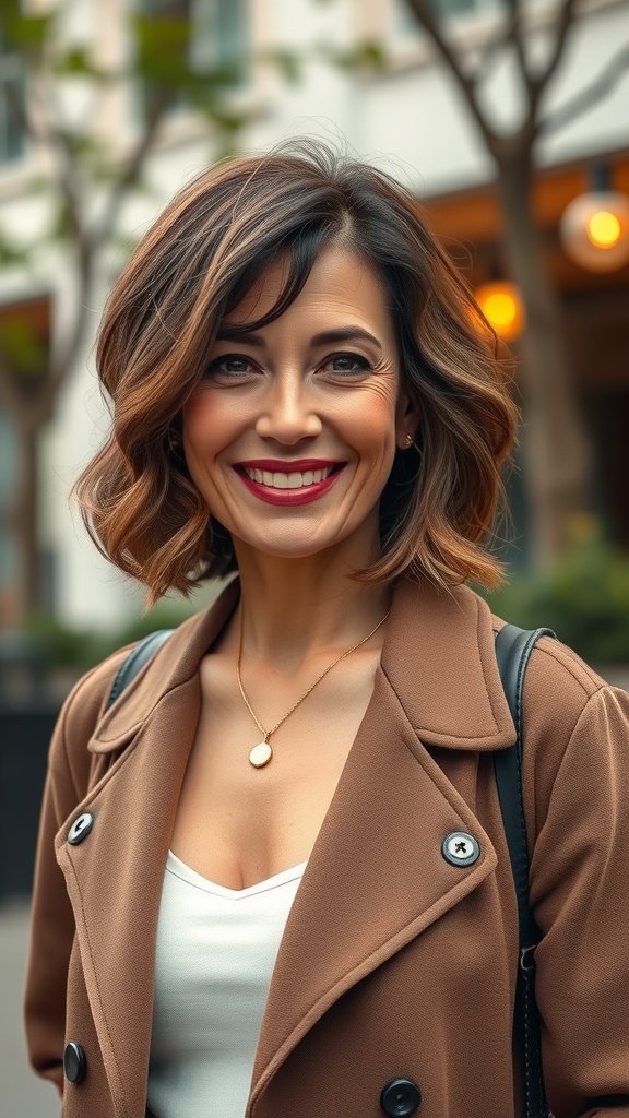 A woman with a wavy lob hairstyle and side bangs, smiling outdoors.