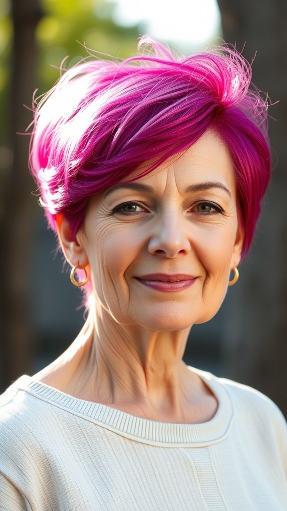 A woman over 60 with a wavy pixie cut and asymmetrical bangs, showcasing vibrant pink hair.