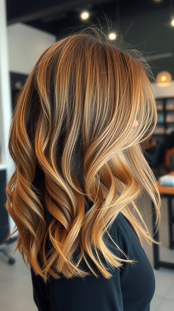 A woman with long, layered hair styled in a wispy-outlined shag with flared ends, showcasing soft waves and a vibrant color.