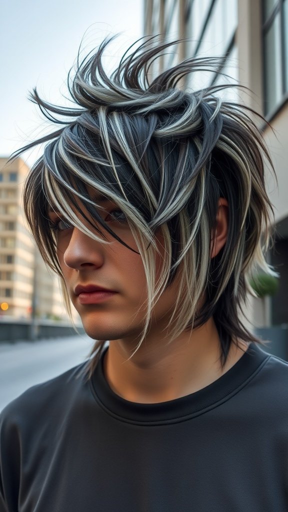 A young person with a dark shaggy mullet hairstyle featuring platinum tips, standing in an urban setting.