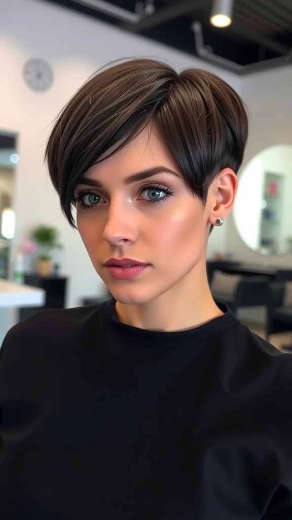 A woman with an angled micro bob featuring razor cut edges, showcasing a modern and stylish haircut.
