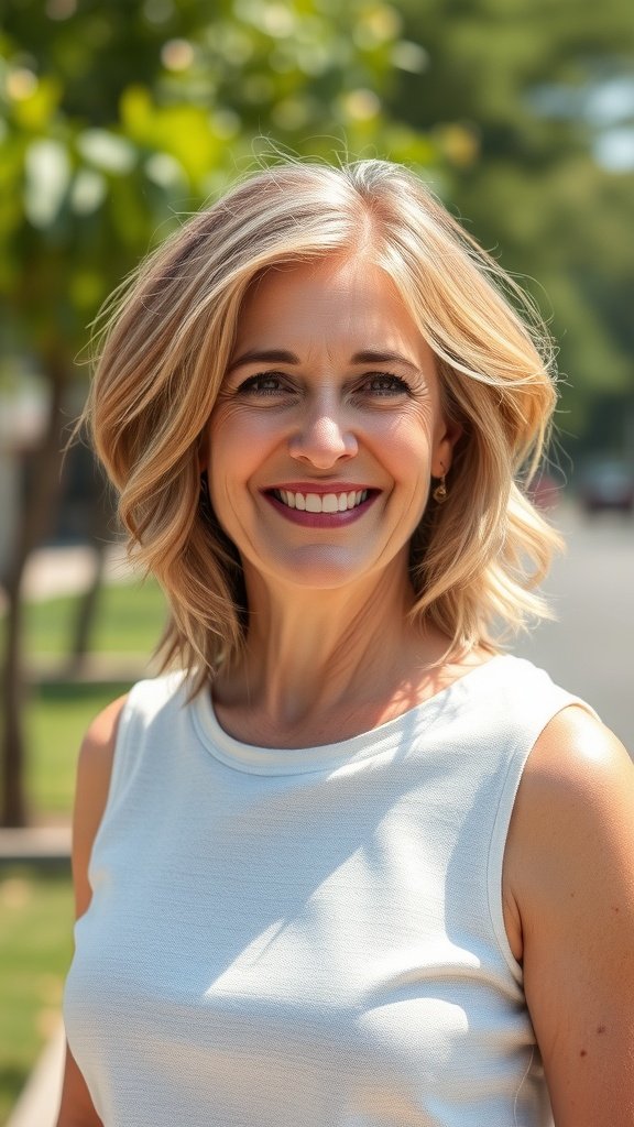 A woman with an asymmetrical bob hairstyle, smiling outdoors.