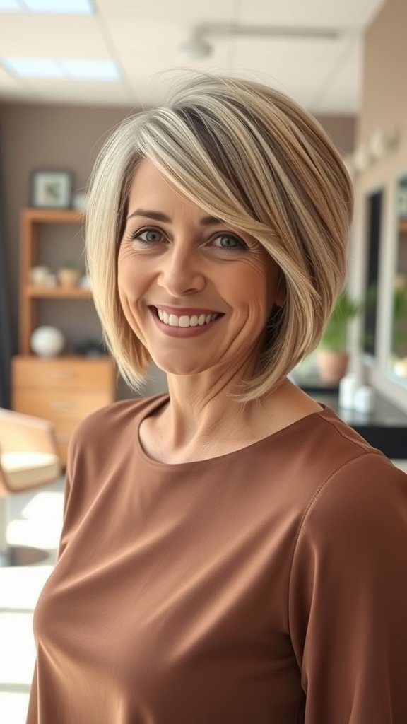 A woman with an asymmetrical lob hairstyle featuring side bangs, smiling confidently.
