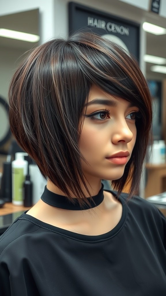 Asymmetrical razor-cut bob hairstyle with subtle highlights