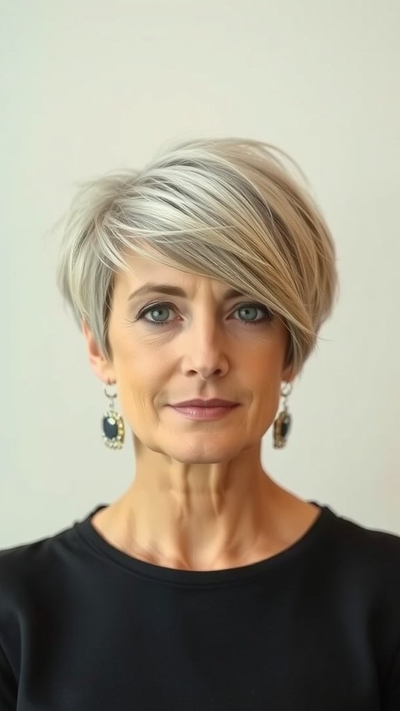 A woman with an asymmetrical short haircut, showcasing a modern and stylish look.
