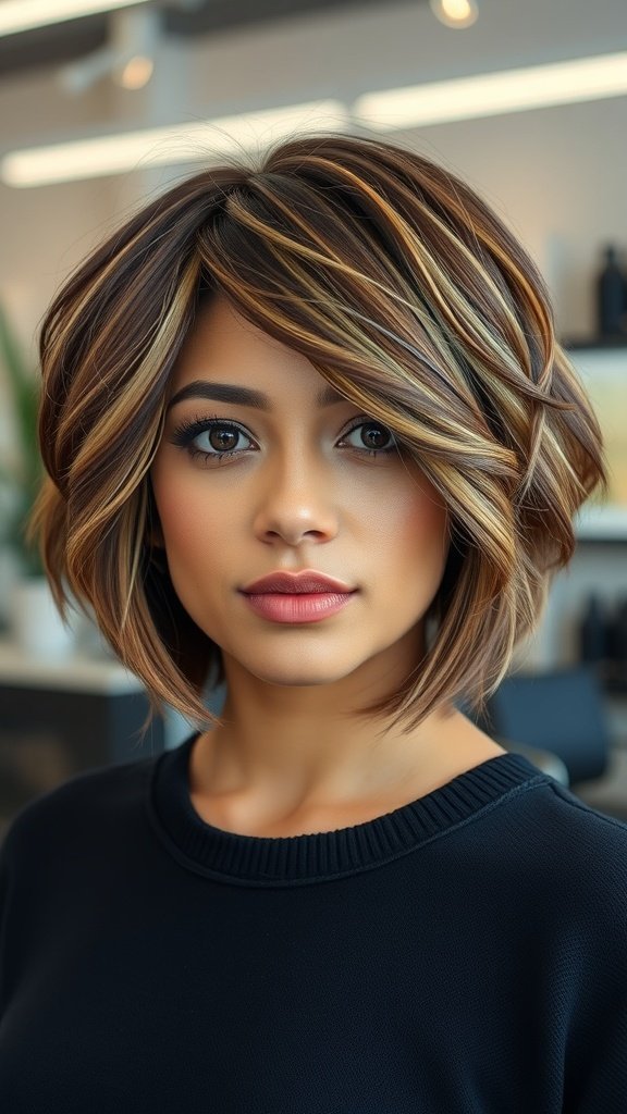 A woman with an asymmetrical short wavy bob hairstyle, showcasing soft waves and highlights.