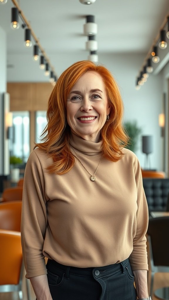A woman with auburn textured waves and a side fringe, smiling in a modern setting.