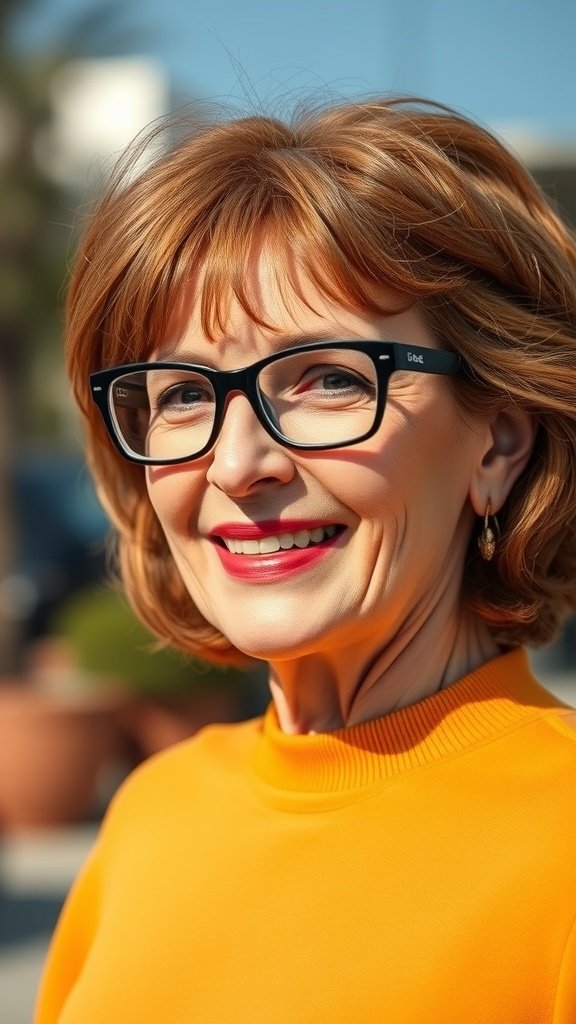 A woman with auburn waves and side-swept bangs, wearing glasses and a bright orange sweater, smiling outdoors.