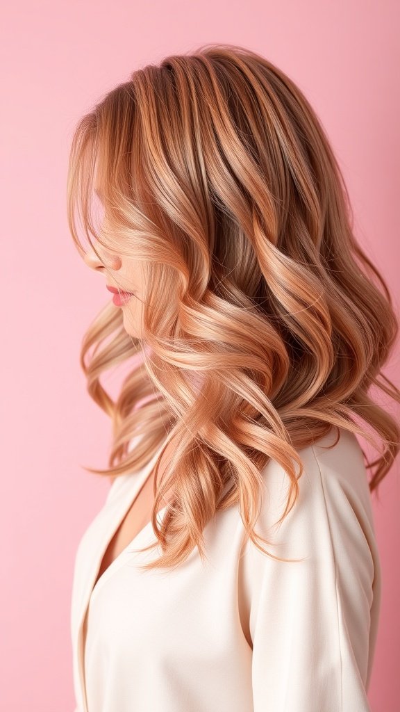 A woman with rose gold wavy hair against a pink background.