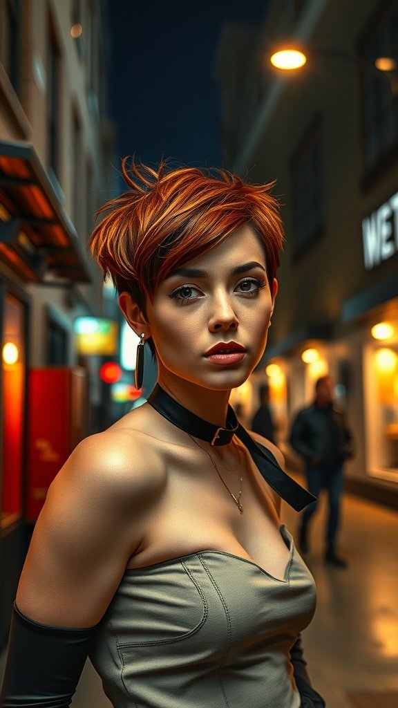 A woman with a bold copper burst pixie cut, showcasing vibrant hair color and stylish attire.