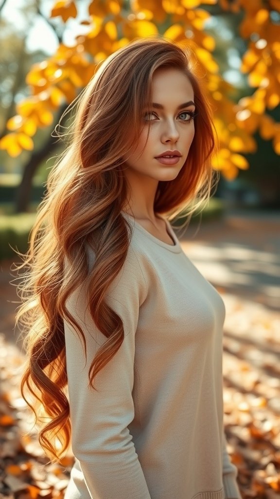 A woman with long, wavy rusty red hair standing in a park with autumn leaves.