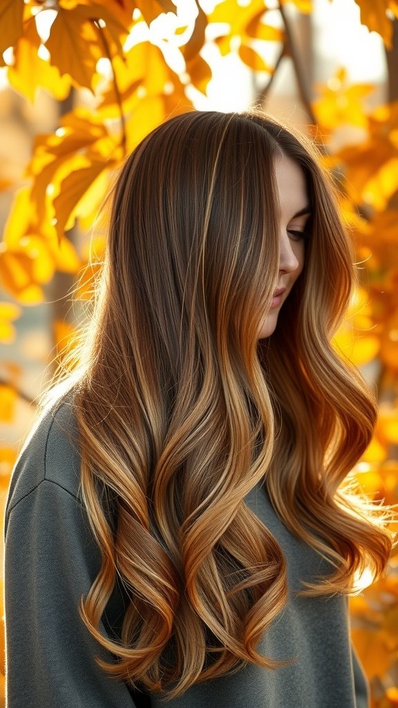 A woman with long, wavy hair in a caramel crisp blend, surrounded by autumn leaves.