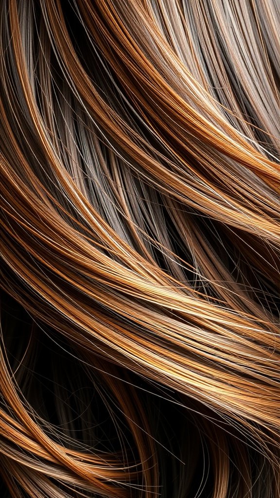Close-up of dark brown hair with caramel highlights styled in waves