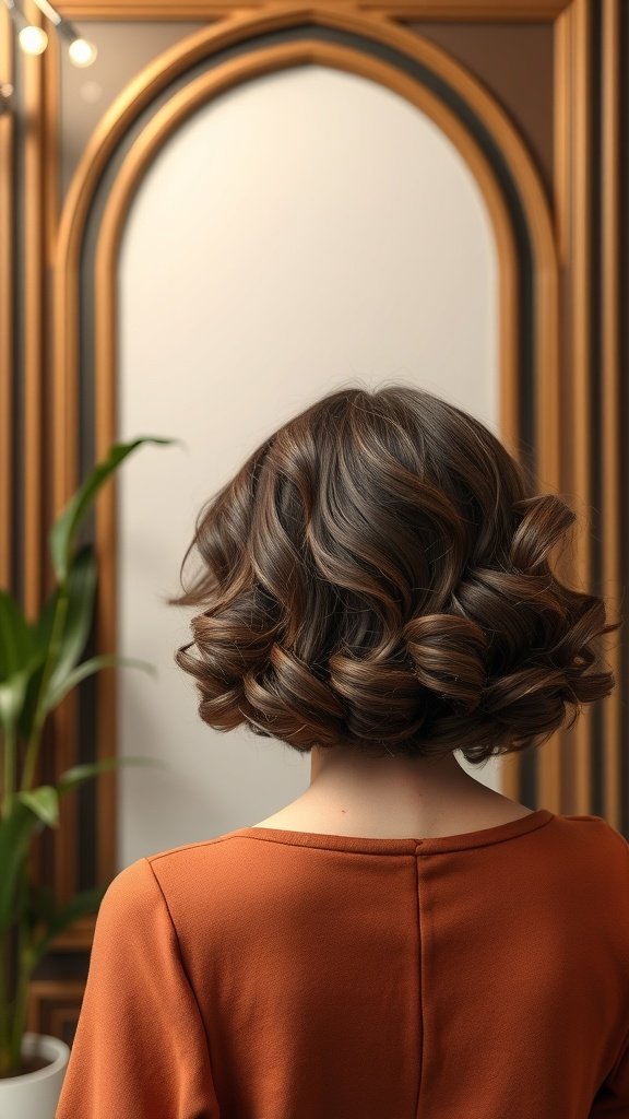 A person with a chestnut brown bubble bob hairstyle featuring soft curls, viewed from the back.