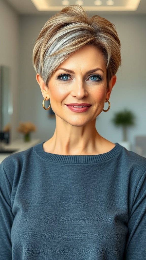 A woman with a chic textured pixie hairstyle, showcasing soft waves and highlights.