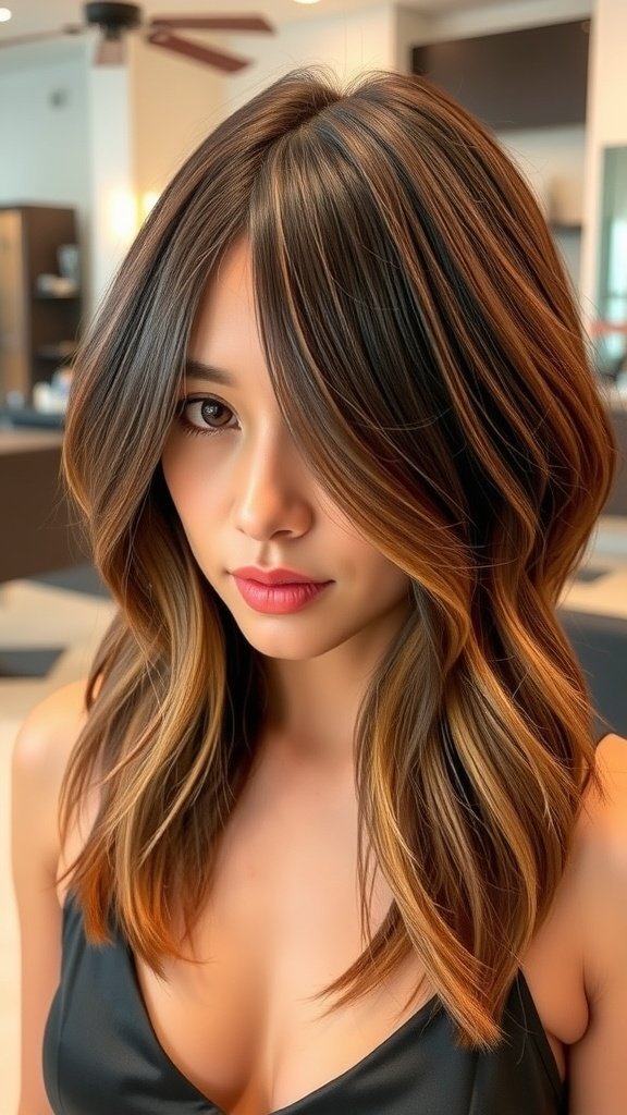 A woman with a chocolate brown lob hairstyle featuring honey highlights, showcasing a stylish and modern look.