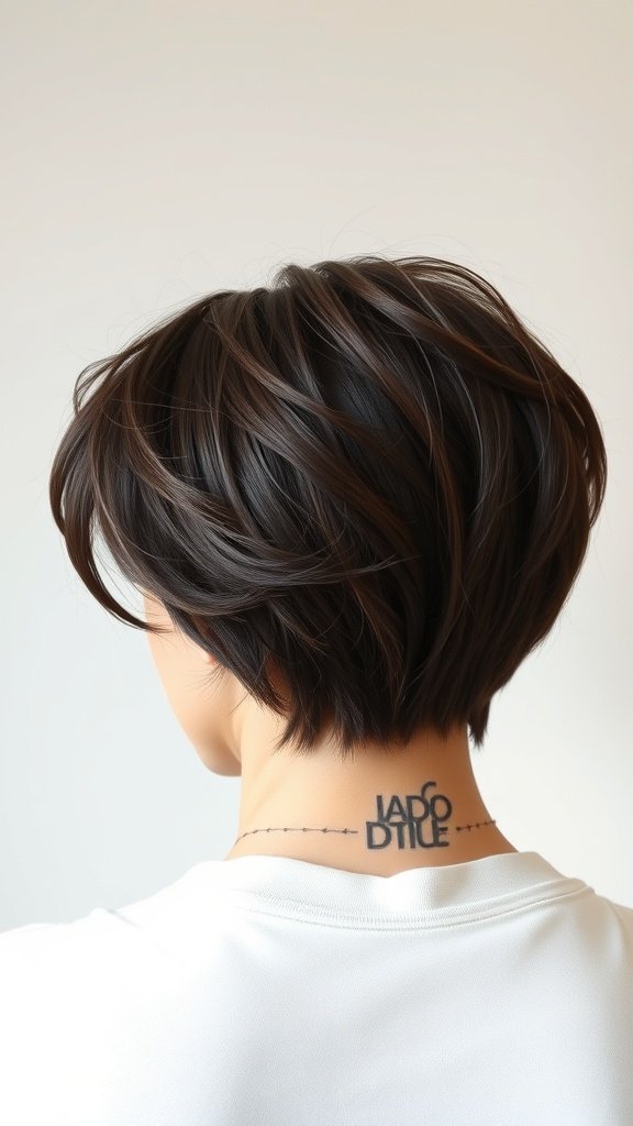 Chocolate brown pixie cut with textured layers, showcasing a modern hairstyle.