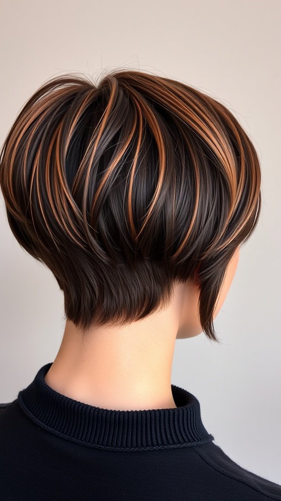 Chocolate brown pixie cut with rose gold tips, showcasing a stylish and modern hairstyle.