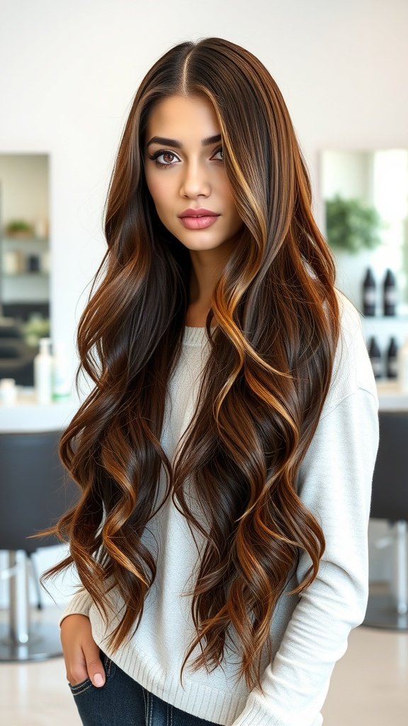 A woman with long, wavy chocolate brown hair featuring caramel lowlights, standing in a salon.
