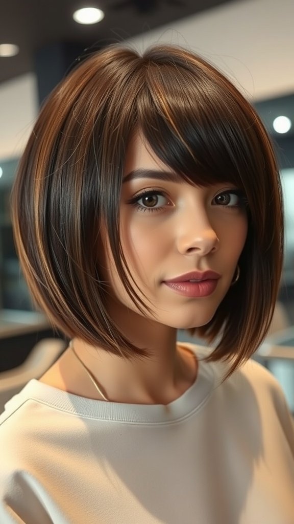A woman with a choppy bob haircut and side-swept bangs, showcasing a stylish and modern look.