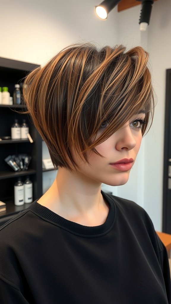 A woman with a choppy ends hush cut and side-swept bangs, showcasing a modern hairstyle.