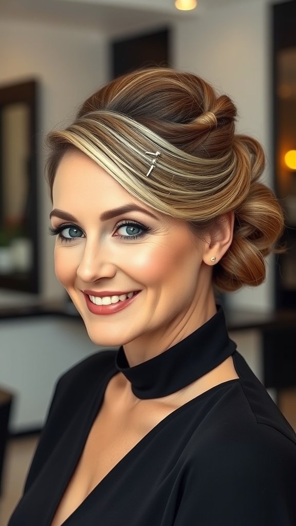 A woman with a classic chignon hairstyle and a side sweep, smiling confidently.