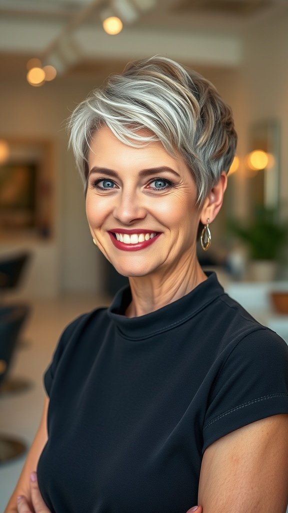 A woman with a classic pixie cut and textured top, smiling confidently.