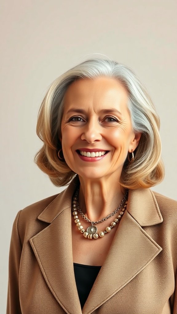 A woman over 70 with shoulder-length waves, smiling confidently.
