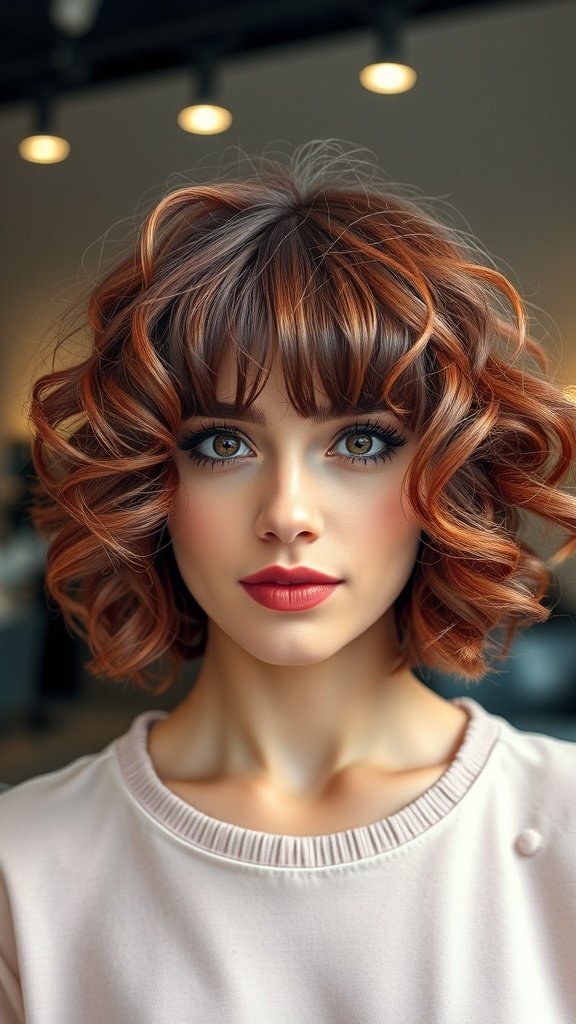 A woman with a curly bob hairstyle and bangs, showcasing vibrant curls and a fresh look.