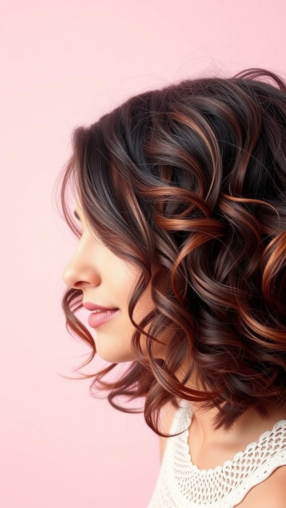 A woman with a curly bob hairstyle featuring side bangs, showcasing soft curls and a playful look.