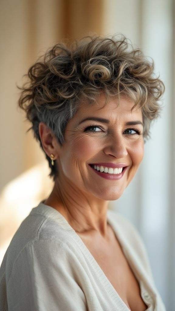A woman with a curly pixie hairstyle and soft undercut, smiling confidently.