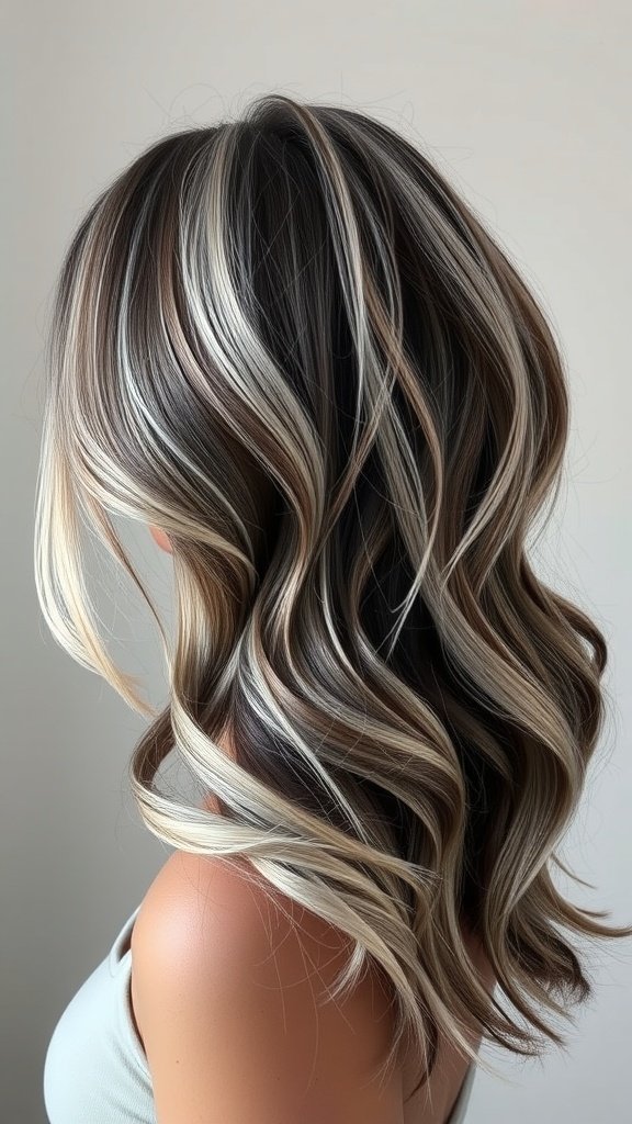 A woman with dark ash brown hair featuring platinum blonde highlights, styled in soft waves.