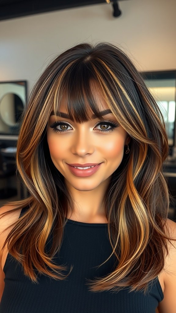 A woman with dark brown hair featuring honey blonde money piece highlights, smiling in a salon setting.