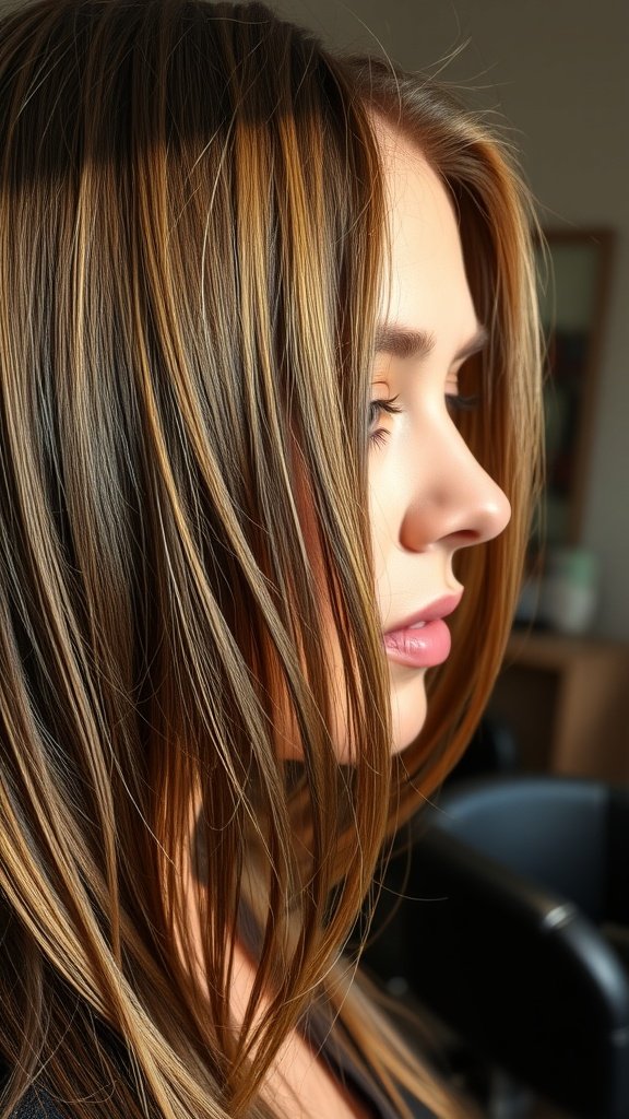 A close-up of a woman with dirty blonde babylights on brown hair, showcasing a soft and radiant look.