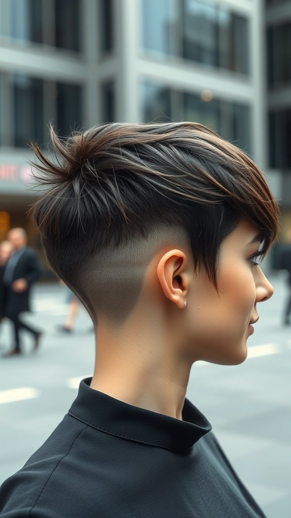 A woman with a dramatic undercut pixie hairstyle featuring a sweeping fringe, showcasing a modern and edgy look.