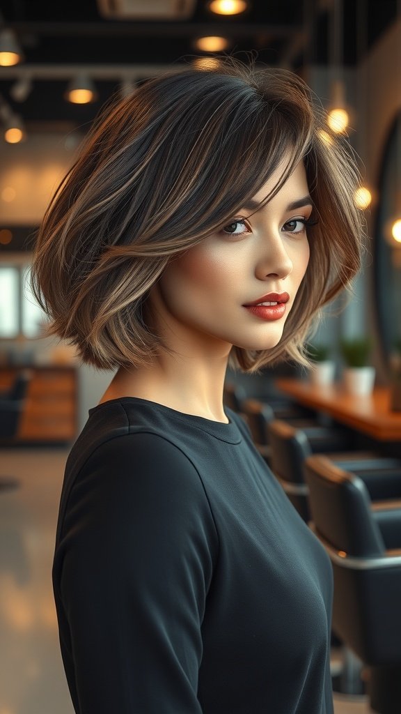 A woman with an A-line bob hairstyle featuring feathered edges, showcasing volume and flow.