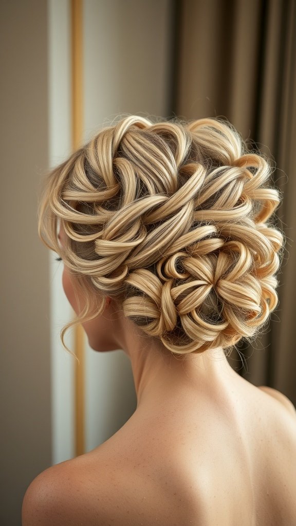 A beautiful curly updo hairstyle for women over 50, showcasing intricate curls and a sophisticated look.