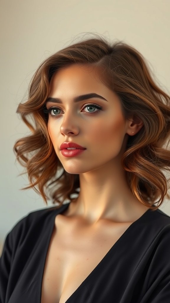 A woman with shoulder-length curly hair styled in soft waves, showcasing a natural and elegant look.