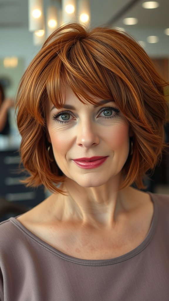 A woman with a feathered auburn bob hairstyle, showcasing volume and warmth.