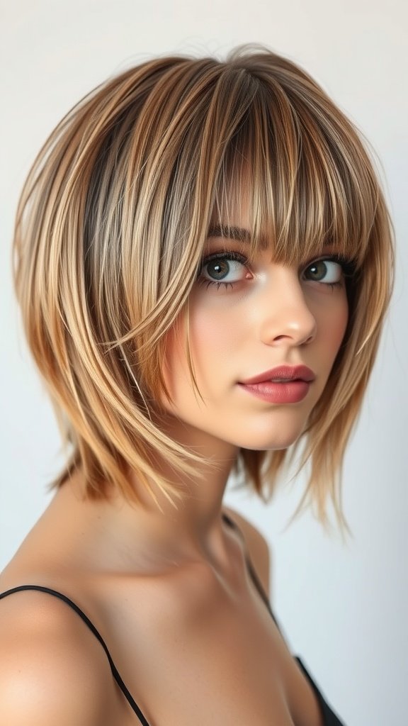 A woman with a feathered mid-length hairstyle, featuring soft layers and subtle highlights.