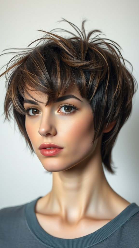 A close-up of a woman with a feathered pixie hairstyle featuring a textured top.