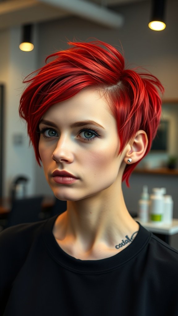 A model with a fiery red pixie haircut featuring a shaved side, showcasing a bold and edgy hairstyle.
