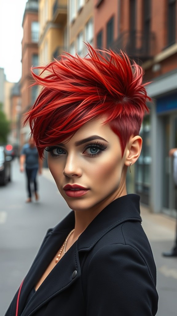 A woman with a fiery red pixie haircut and a shaved side, showcasing a bold and edgy style.