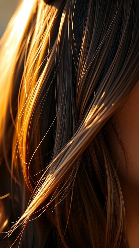 Close-up of dark brown hair with golden highlights illuminated by sunlight.