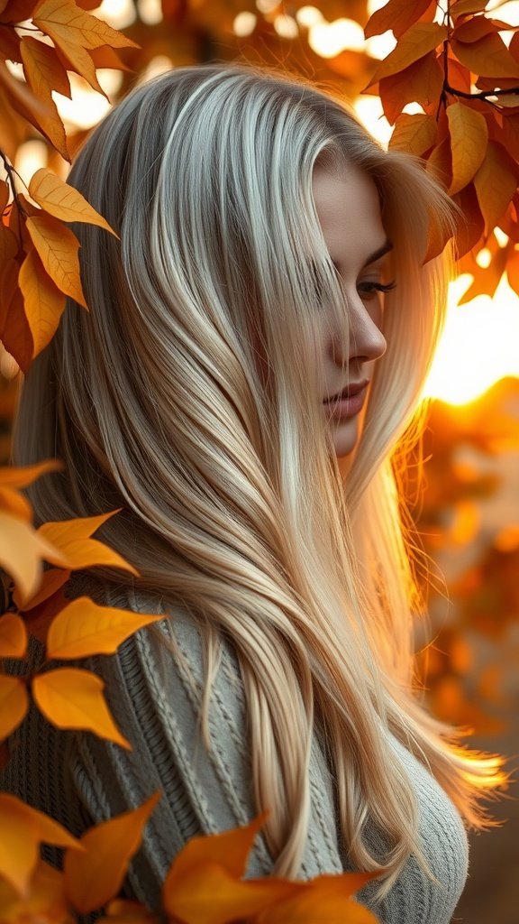 A woman with long platinum blonde hair surrounded by autumn leaves, showcasing the Harvest Moon Platinum hair color.