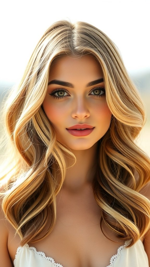 A woman with honey blonde hair featuring chocolate lowlights, showcasing a vibrant and warm hairstyle.