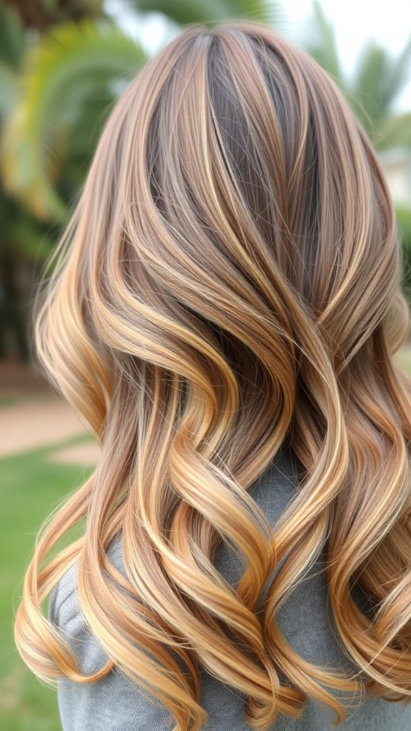 A back view of long, wavy hair with honey and hazelnut highlights, showcasing a blend of warm tones.