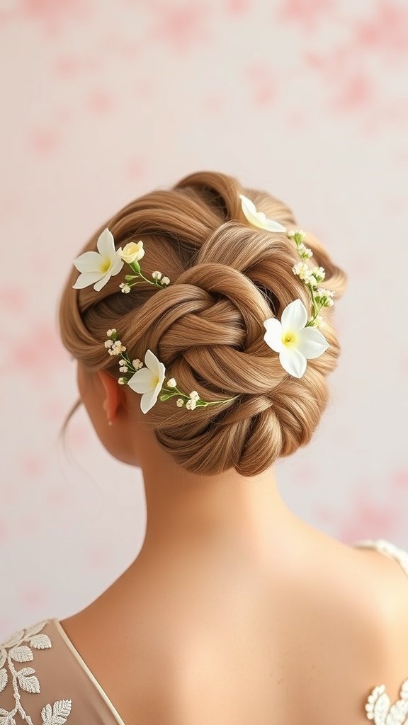 A beautiful intricate knot updo hairstyle adorned with white flowers.
